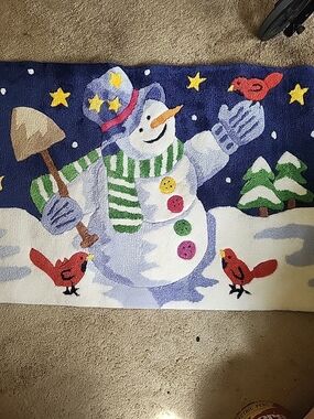 Handhooked Snowman Cardinals Holiday Door Mat Rug 23"×34"